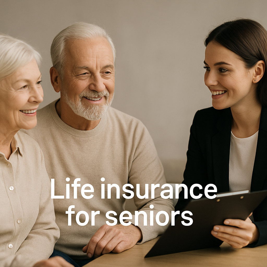 Life insurance for seniors – a professional meeting between a smiling elderly couple and a young female insurance advisor.